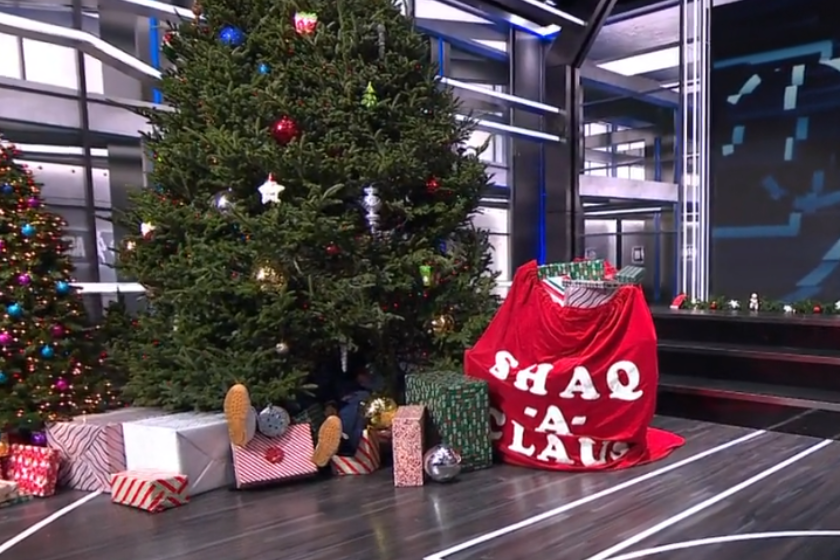 Shaq after being launched into the Christmas tree on the set of "Inside the NBA"