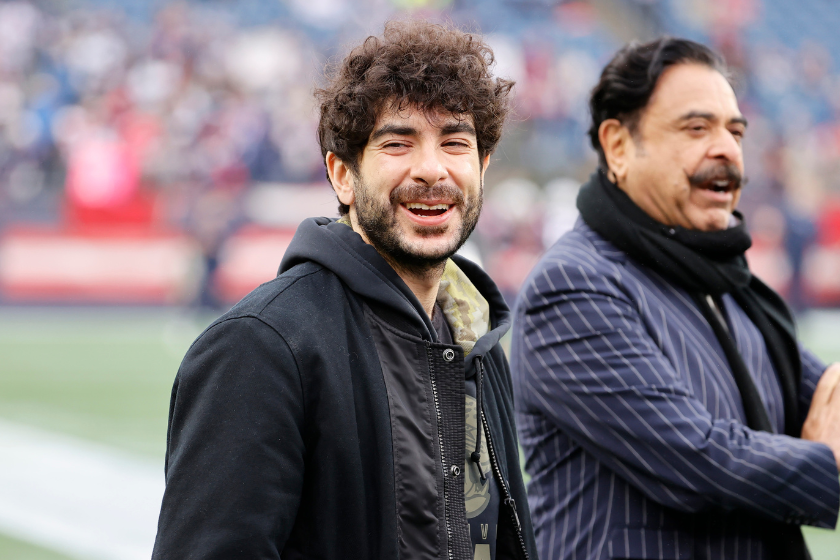 Jacksonville Jaguars owners Tony and Shad Khan before a game between the New England Patriots and the Jacksonville Jaguars