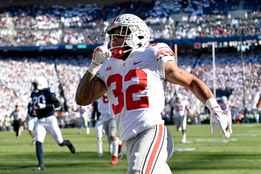 Ohio State running back TreVeyon Henderson (32) celebrates after scoring a long touchdown run during the Ohio State Buckeyes versus Penn State Nittany Lions game on October 29, 2022 at Beaver Stadium
