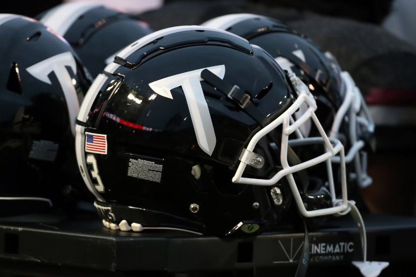 A general view of Troy Trojans helmets during the game between Troy Trojans and Louisiana Monroe Warhawks