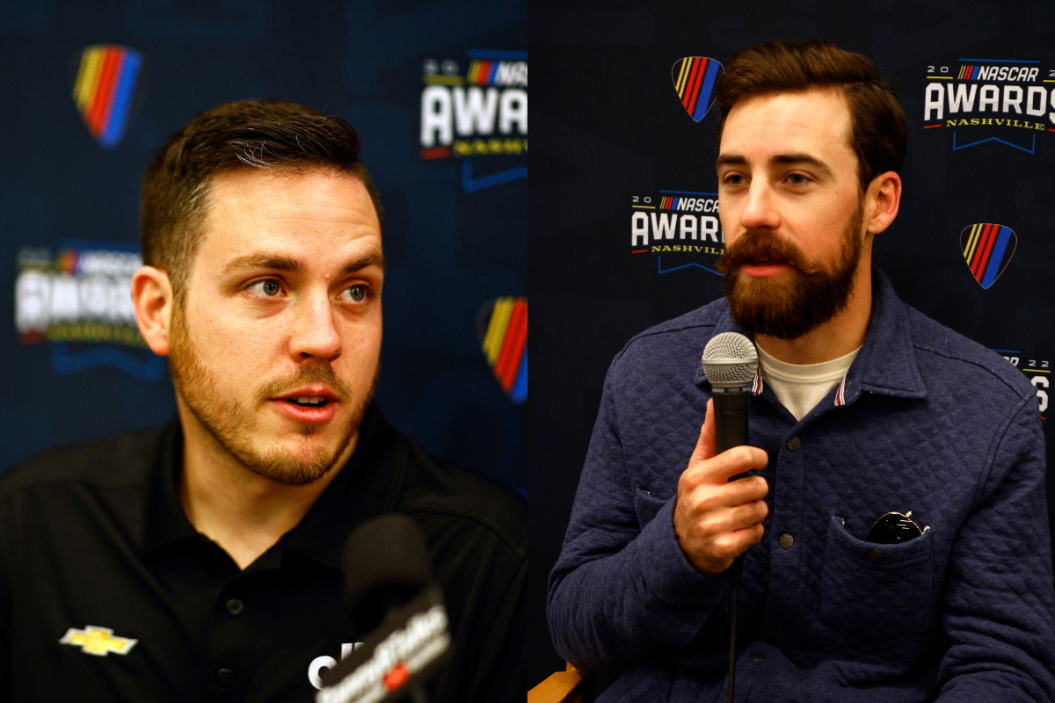 Alex Bowman speaks with the media prior to the 2022 NASCAR Awards Show ; Ryan Blaney speaks with media prior to 2022 NASCAR Awards Show