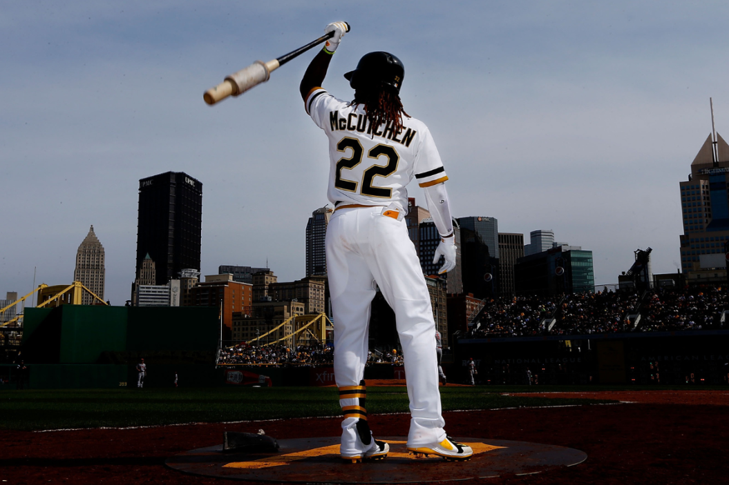 Andrew McCutchen #22 of the Pittsburgh Pirates stands in the on deck circle during the game against the Cincinnati Reds