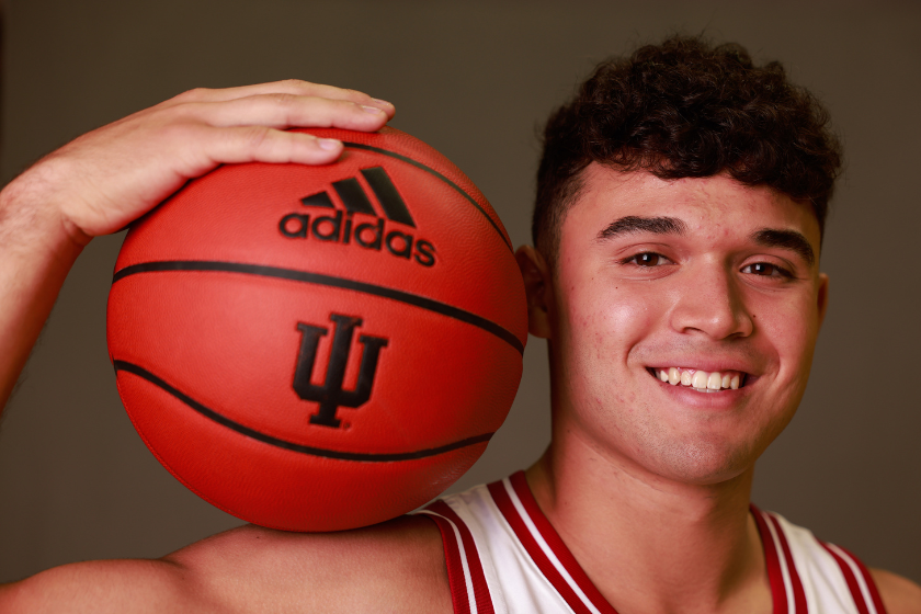 Indiana University basketball player Anthony Leal (3) poses for a portrait during the teams media day at Simon Skjodt Assembly Hall 