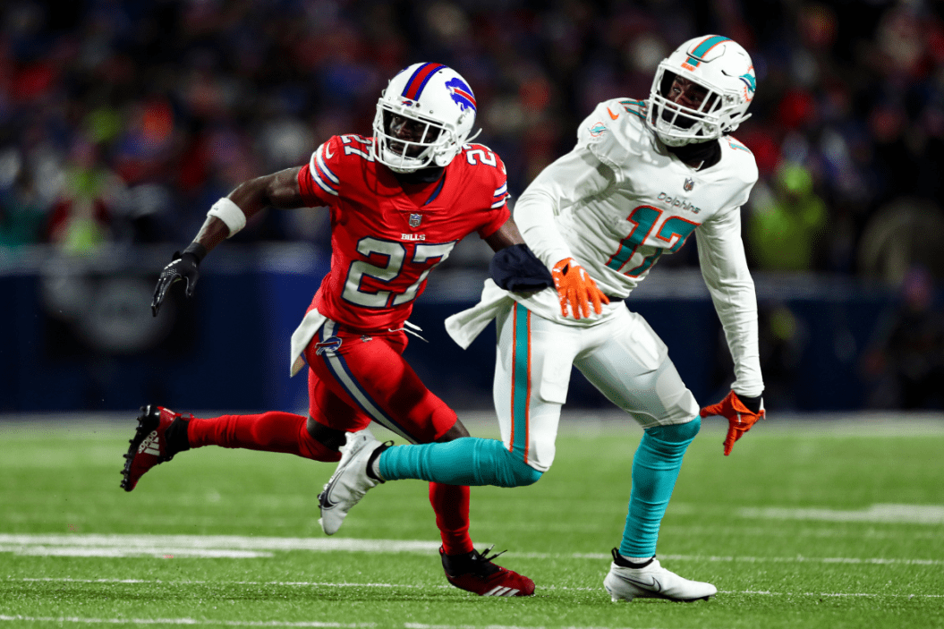 Tre'Davious White #27 of the Buffalo Bills defends a pass agains Jaylen Waddle #17 of the Miami Dolphins during an NFL football game at Highmark Stadium
