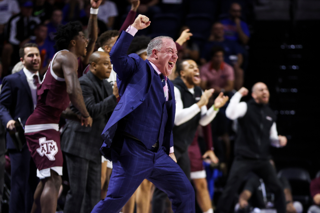 Head Coach Buzz Williams of the Texas A&M Aggies celebrates during the second half of a game against the Florida Gators at the Stephen C. O'Connell Center