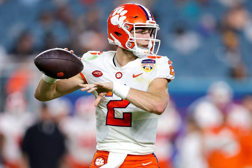 Cade Klubnik #2 of the Clemson Tigers throws a pass against the Tennessee Volunteers during the first half in the Capital One Orange Bowl at Hard Rock Stadium