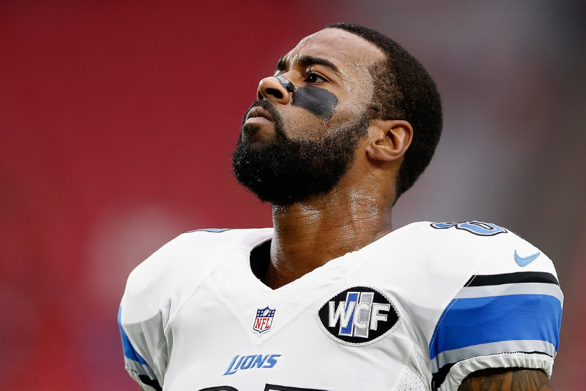 Wide receiver Calvin Johnson #81 of the Detroit Lions during warm ups prior to the NFL game against the Arizona Cardinals at the University of Phoenix Stadium.