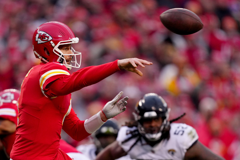 Chad Henne #4 of the Kansas City Chiefs throws a pass against the Jacksonville Jaguars during the second quarter in the AFC Divisional Playoff game at Arrowhead Stadium 