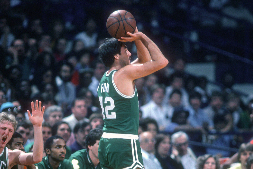Chris Ford #42 of the Boston Celtics looks to shoot against the Washington Bullets during an NBA basketball game circa 1982