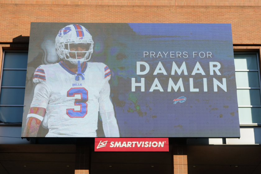 The Cincinnati Reds show their support for Damar Hamlin outside of the Cincinnati Reds Hall of Fame