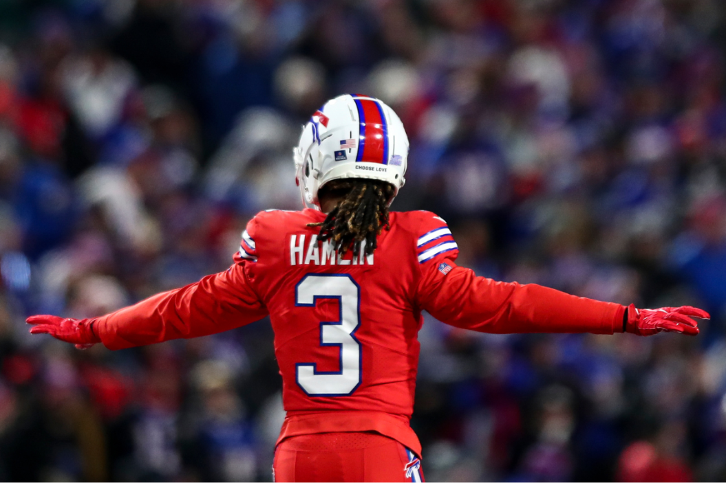 Damar Hamlin #3 of the Buffalo Bills celebrates after a play during the second quarter of an NFL football game against the Miami Dolphins at Highmark Stadium