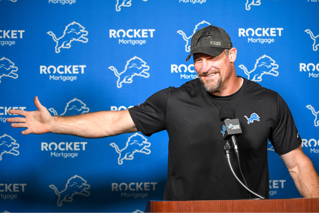 Detroit Lions head football coach Dan Campbell speaks with the media before the Detroit Lions Training Camp