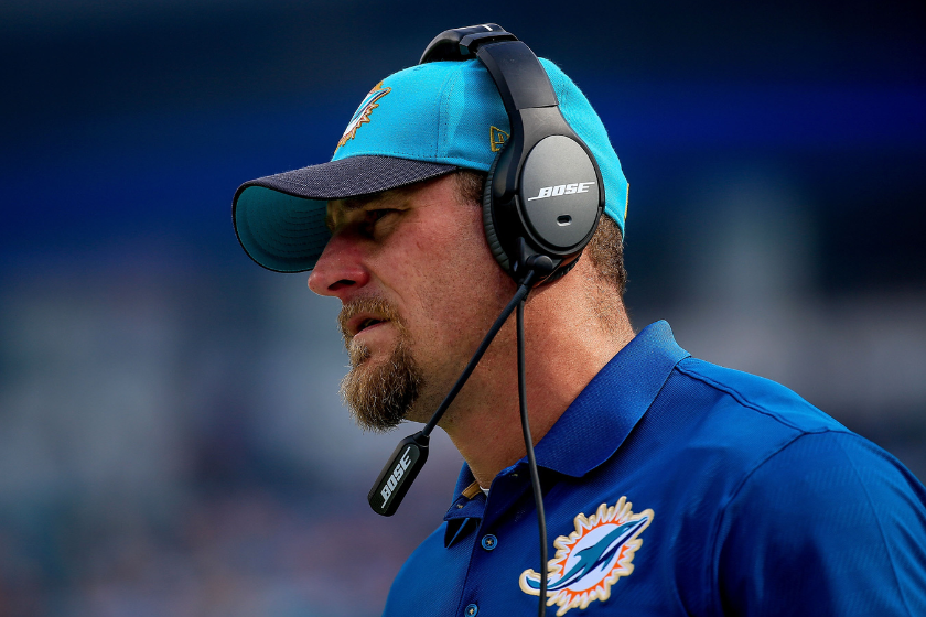Head coach Dan Campbell of the Miami Dolphins looks on during the first half of the game against the New England Patriots at Sun Life Stadium 