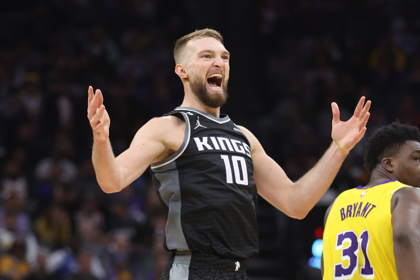 Domantas Sabonis #10 of the Sacramento Kings reacts after missing a shot in the fourth quarter against the Los Angeles Lakers at Golden 1 Center