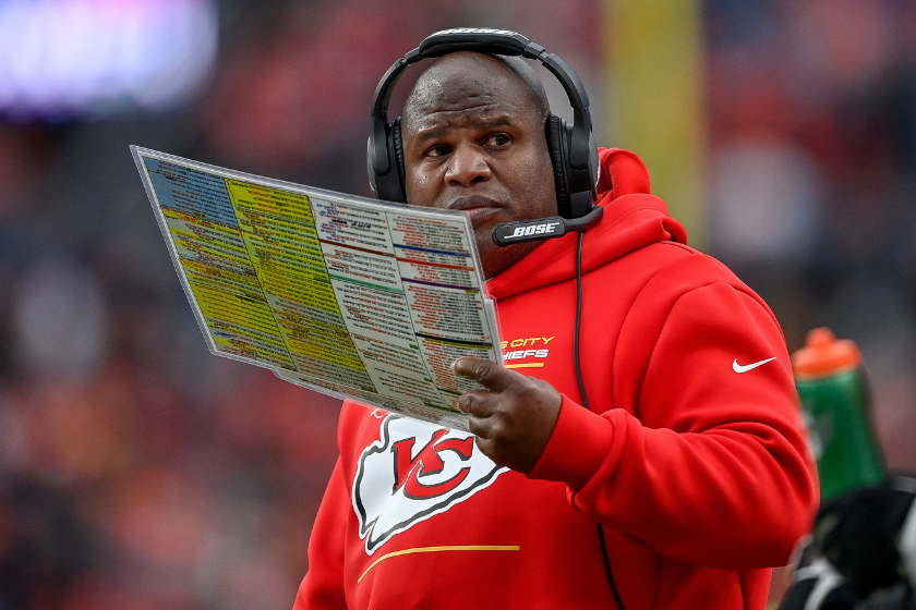 Offensive coordinator Eric Bieniemy of the Kansas City Chiefs looks on during a game against the Denver Broncos