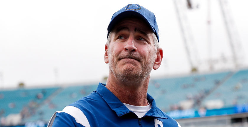 Head Coach Frank Reich of the Indianapolis Colts walks off the field prior to the start of the game against the Jacksonville Jaguars at TIAA Bank Field