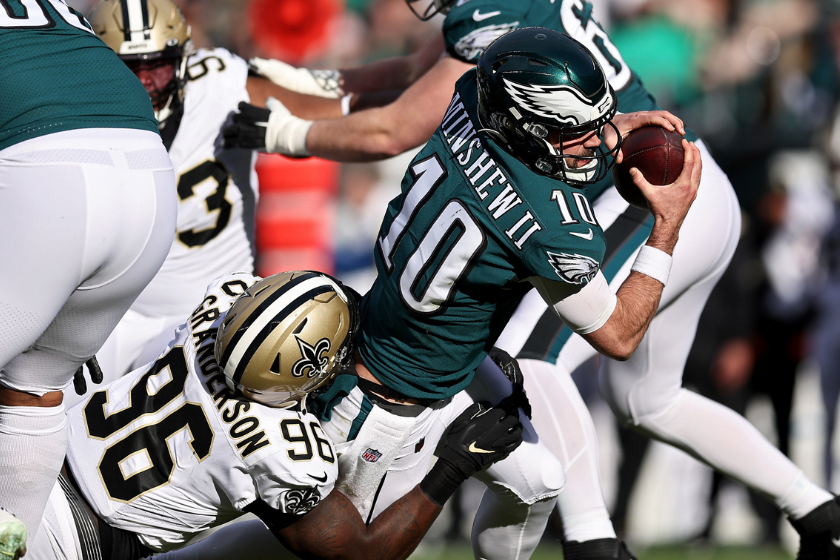 Gardner Minshew #10 of the Philadelphia Eagles is sacked by Carl Granderson #96 of the New Orleans Saints during the second quarter at Lincoln Financial Field 