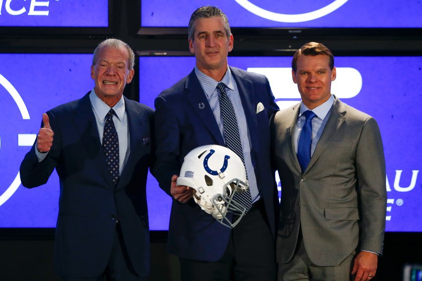 Jim Irsay and head coach Frank Reich pose.