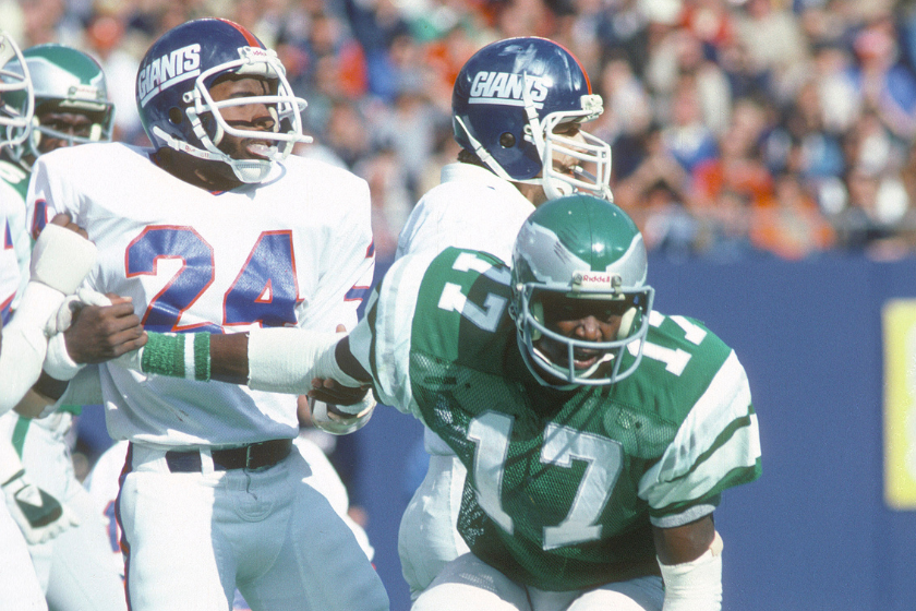 Wide Receiver Harold Carmichael #17 of the Philadelphia Eagles in action against the New York Giants during an NFL football game circa 1981 at Giant Stadium in East Rutherford, New Jersey