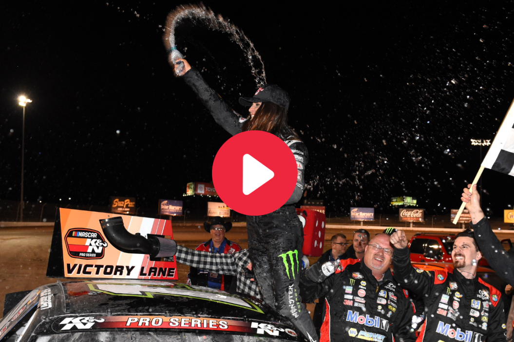 Hailie Deegan celebrates the victory during the NASCAR K&N Pro Series West Star Nursery 100 ON February 28, 2019 at The Dirt Track at Las Vegas Motor Speedway