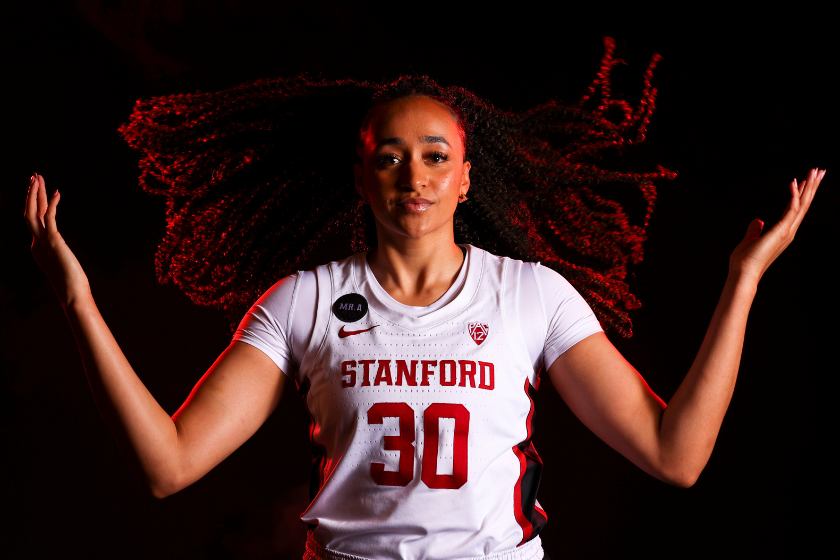 Haley Jones #30 of the Stanford Cardinal poses during media day at 2022 NCAA Women's Basketball Final Four at the Minneapolis Convention Center