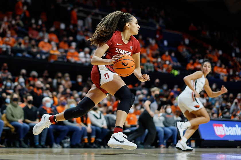 Haley Jones #30 of the Stanford Cardinal dribbles the ball on a fast break during the first half against the Oregon State Beavers at Gill Coliseum 