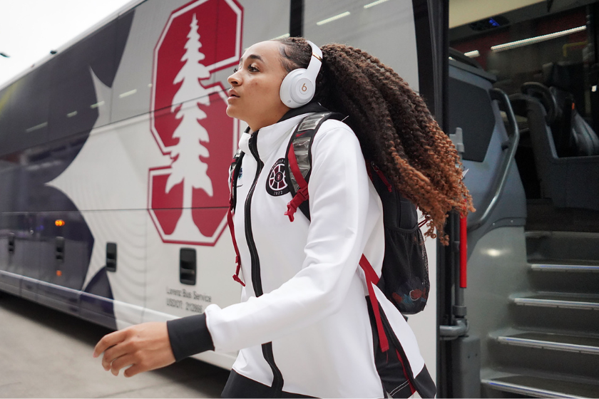 Haley Jones of Stanford arrives prior a game between UConn and Stanford University at Target Center