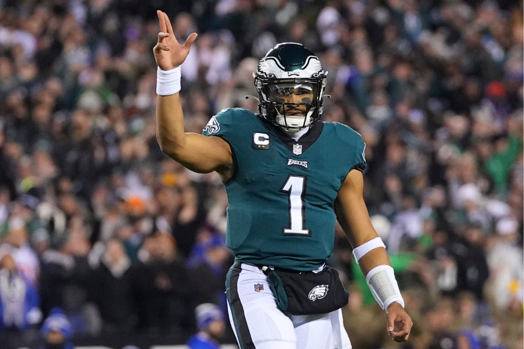 Jalen Hurts #1 of the Philadelphia Eagles reacts against the New York Giants during the NFC Divisional Playoff game at Lincoln Financial Field.