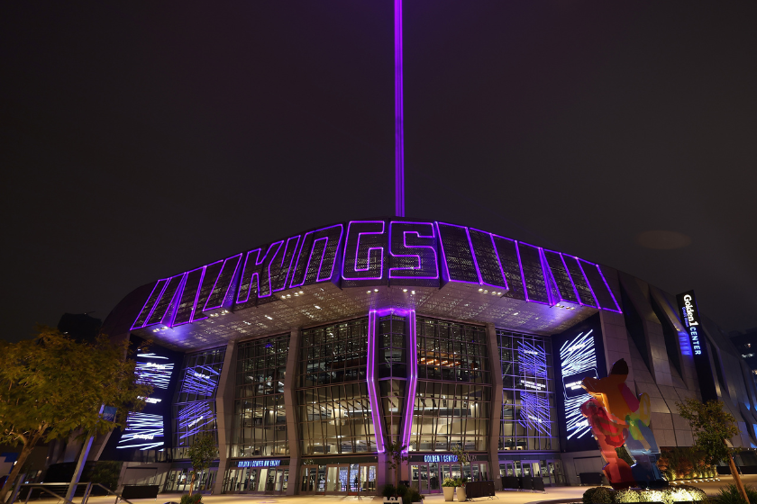 An exterior view showing the 'Victory Beam' after the Sacramento Kings defeated the Los Angeles Lakers at Golden 1 Center 