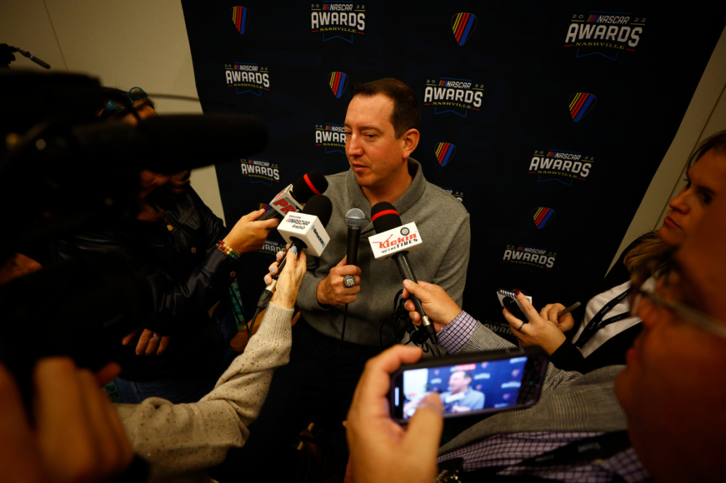 Kyle Busch speaks with the media prior to the NASCAR Awards and Champion Celebration at the Music City Center on December 02, 2022 in Nashville, Tennessee