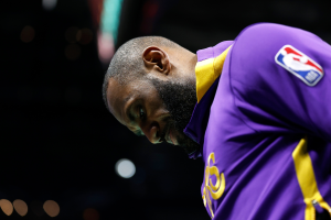 LeBron James #6 of the Los Angeles Lakers looks on prior to the first quarter of the game against the Charlotte Hornets at Spectrum Center
