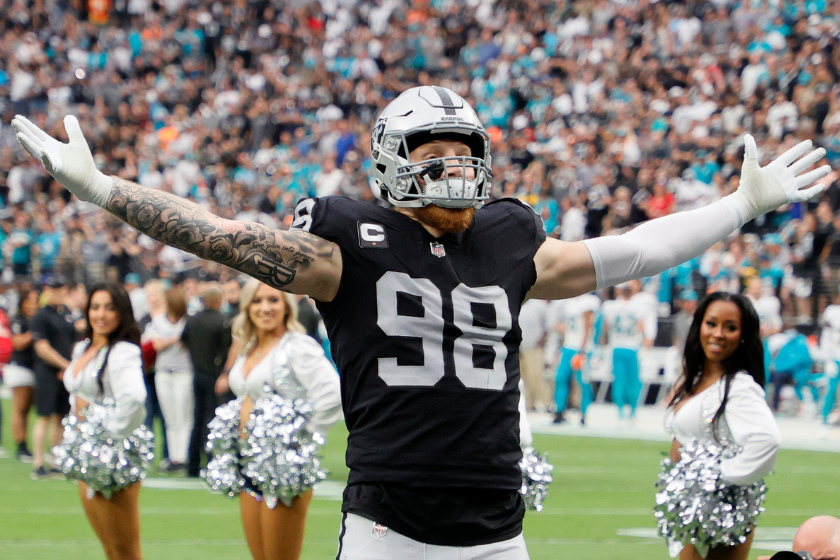 Defensive end Maxx Crosby #98 of the Las Vegas Raiders is introduced before a game against the Miami Dolphins at Allegiant Stadium