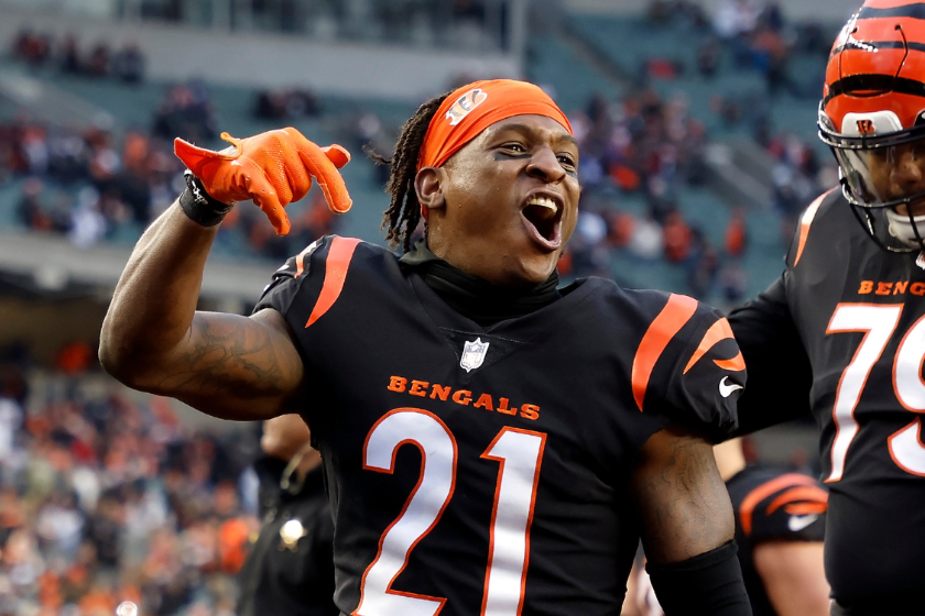 Mike Hilton #21 of the Cincinnati Bengals celebrates while walking off of the field after defeating the Baltimore Ravens at Paycor Stadium