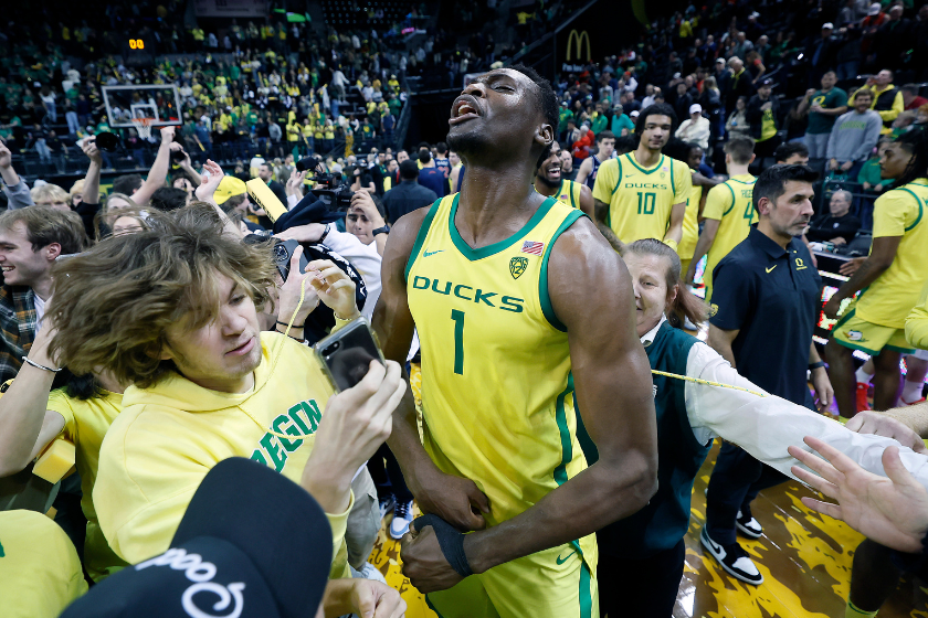 N'Faly Dante #1 of the Oregon Ducks celebrates with fans after defeating the Arizona Wildcats at Matthew Knight Arena. His massive dunk helped spark the Ducks victory. 
