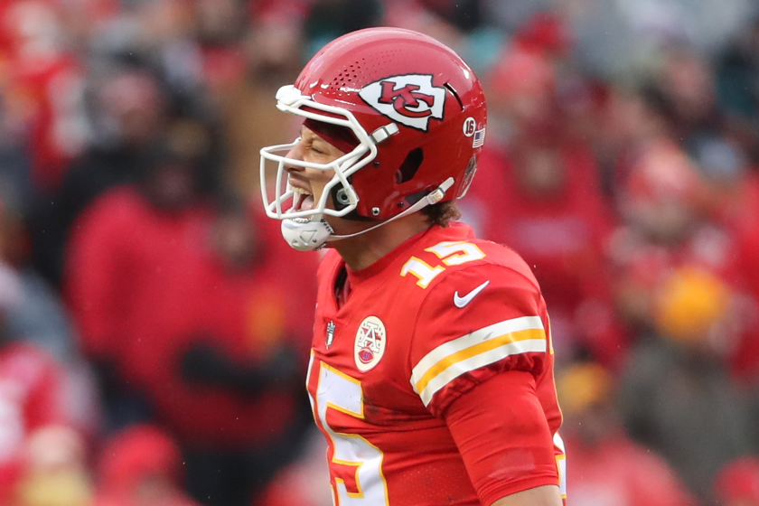 Kansas City Chiefs quarterback Patrick Mahomes (15) scream in pain after injuring his ankle in the first quarter of an AFC divisional playoff game between the Jacksonville Jaguars and Kansas City Chiefs 