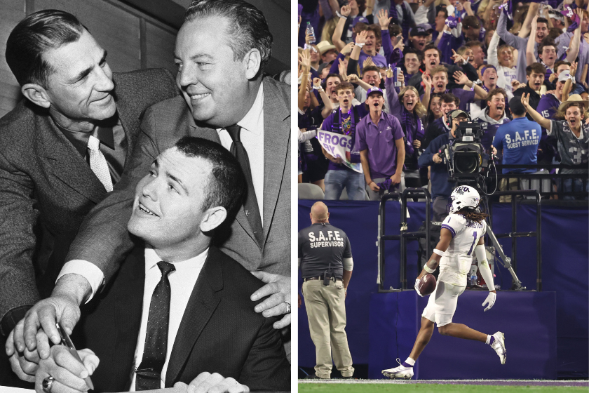Former Texas Christian University guard Ramon Armstrong (center) gets some assistance from his new bosses, coach Sammy Baugh (l) and owner Harry Wismer (r) as he signs a contract, Quentin Johnston is greeted by TCU fans during the CFP Semifinals.