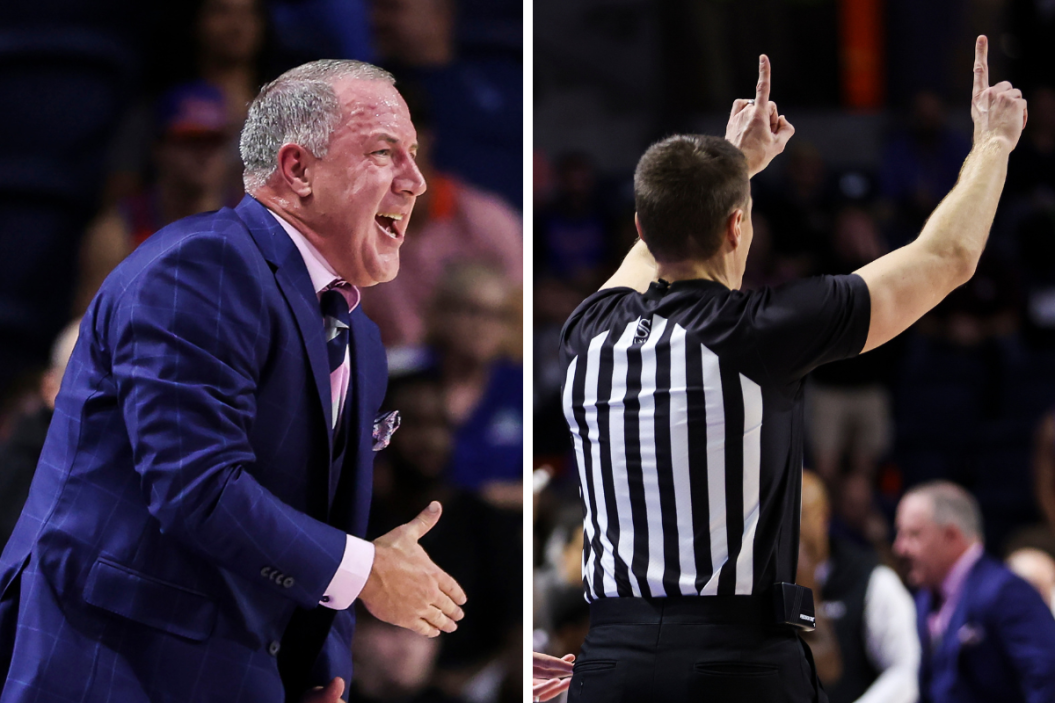 Texas A&M head coach Buzz Williams and a referee for the Aggies matchup against the Florida Gators.