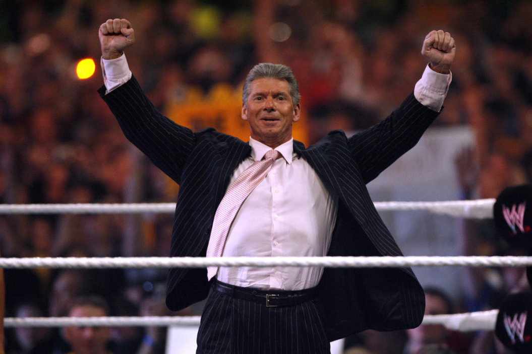 Vince McMahon gets the crowd ready for the main event of the night "Hair vs. Hair", WrestleMania 23 at Detroit's Ford Field
