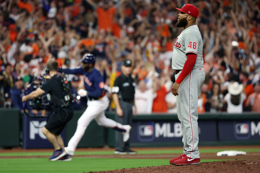Jose Alvarado #46 of the Philadelphia Phillies looks on as Yordan Alvarez #44 of the Houston Astros rounds the bases after his three-run home run during the sixth inning in Game Six of the 2022 World Series 