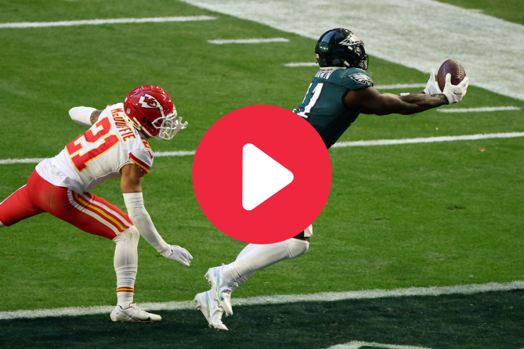 A.J. Brown #11 of the Philadelphia Eagles makes a 45 yard touchdown catch against Trent McDuffie #21 of the Kansas City Chiefs during the second quarter in Super Bowl LVII