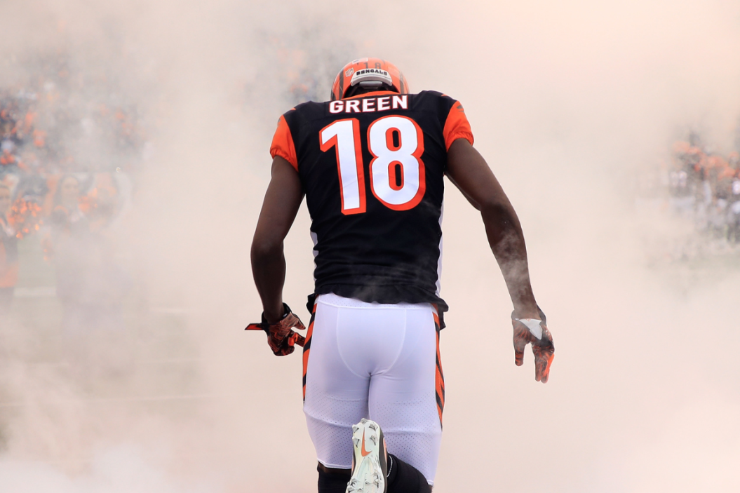 A.J. Green #18 of the Cincinnati Bengals runs onto the field before the game against the Tampa Bay Buccaneers at Paul Brown Stadium