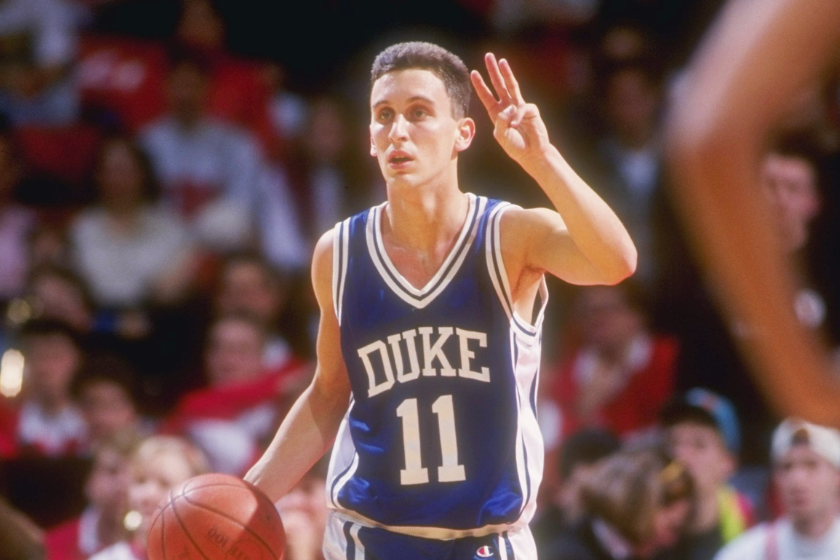 Guard Bobby Hurley of the Duke Blue Devils moves the ball during a game against the Maryland Terrapins