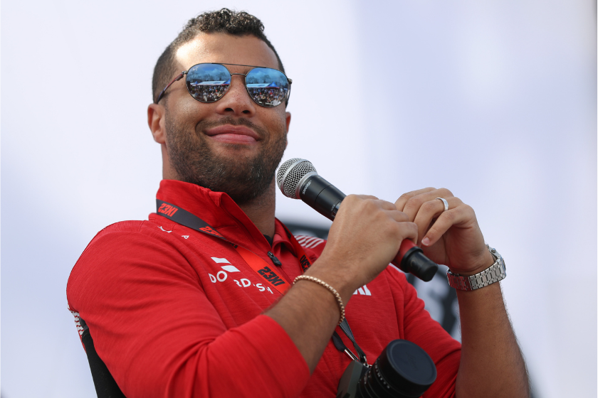 Bubba Wallace speaks to the media prior to the 2023 NASCAR Clash at the Coliseum