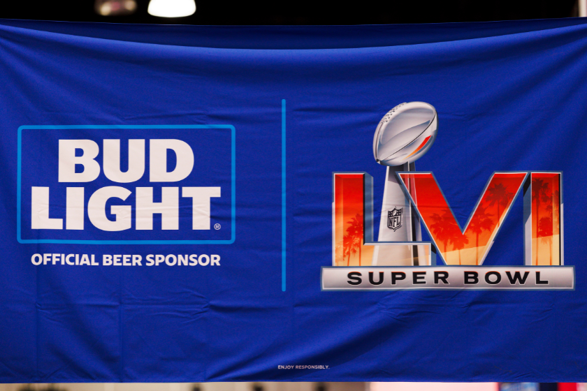  Detail view of the Bud Light and Super Bowl LVI logo seen at the Super Bowl Experience on February 08, 2022, at the Los Angeles Convention Center