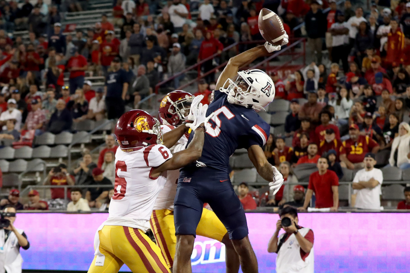 Arizona Wildcats wide receiver Dorian Singer #5 is unable to hold onto the pass during the second half of a football game between the USC Trojans and the University of Arizona Wildcats