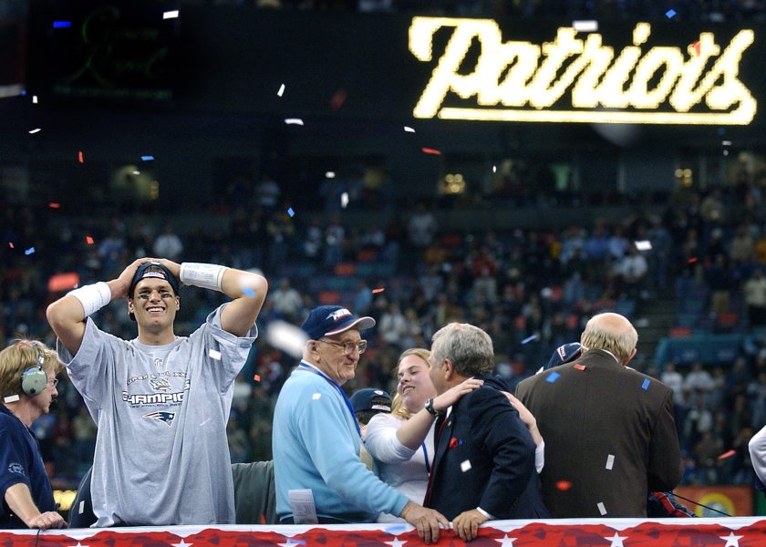 Tom Brady celebrates beating the St. Louis Rams in the Super Bowl.