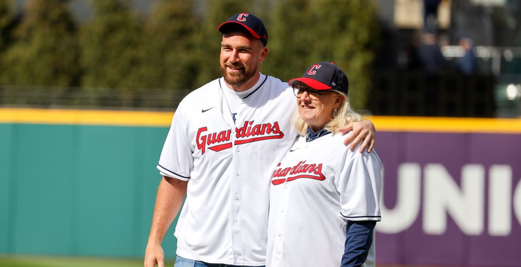 CLEVELAND, OH - APRIL 07: Kansas City Chiefs tight end and Cleveland Heights native Travis Kelce and his mother Donna are introduced before Travis throws a ceremonial first pitch prior to the Major League Baseball game between the Seattle Mariners and Cleveland Guardinas on April 7, 2023, at Progressive Field in