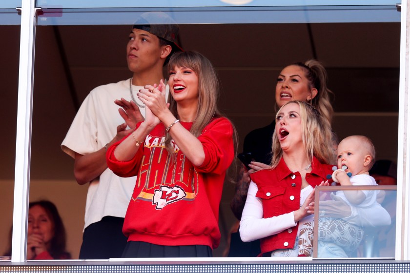 Taylor Swift and Brittany Mahomes watch the Chiefs game together.