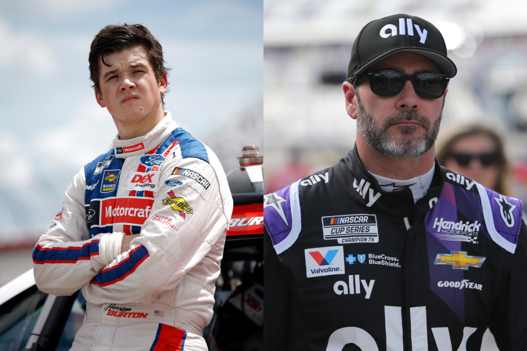 Harrison Burton waits on the grid during qualifying for the 2022 Southern 500 at Darlington Raceway ; Jimmie Johnson during final practice for 2020 Daytona 500
