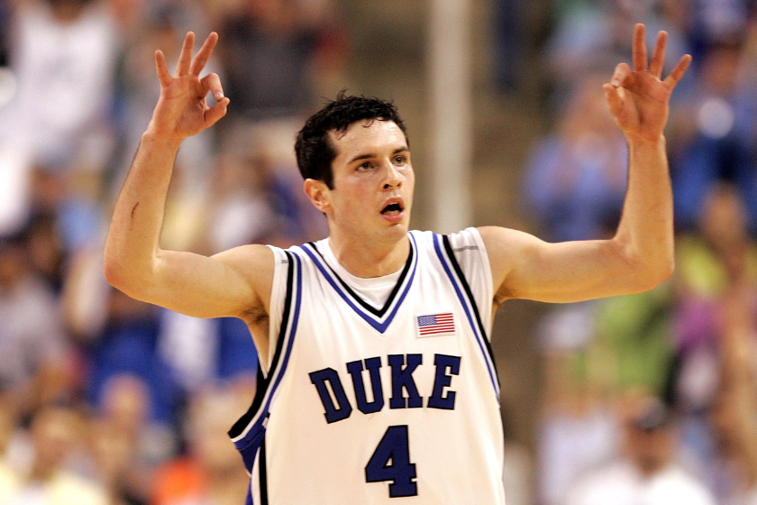 J.J. Redick #4 of the Duke Blue Devils reacts after making a three-point basket against the Boston College Eagles during the finals of the Atlantic Coast Conference Men's Basketball Tournament 
